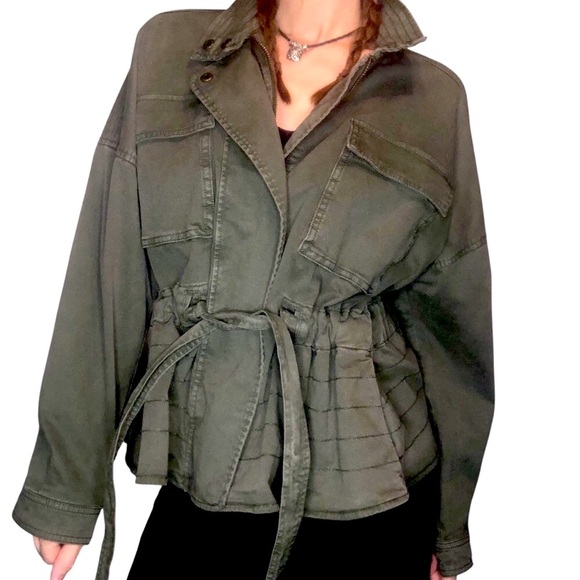 Gap Short Trench Coat Sz S Utility Tie Waist Casual Grunge Denim Jacket Olive - Picture 1 of 9
